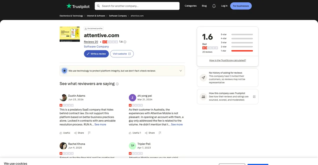 Attentive Trustpilot profile screenshot