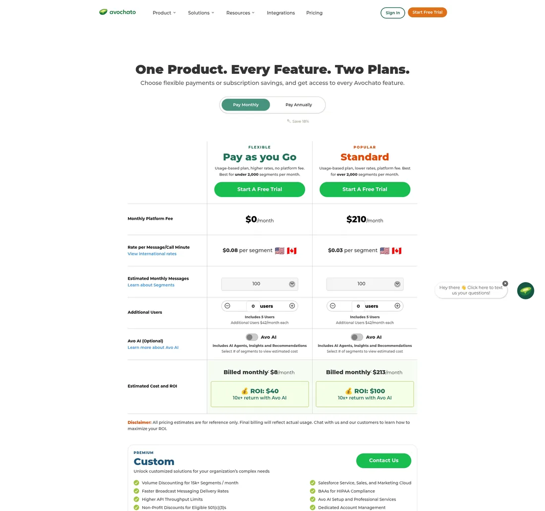 Avochato pricing page screenshot showing per-segment rates and plan details