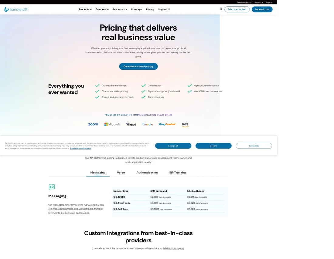 Bandwidth pricing page screenshot