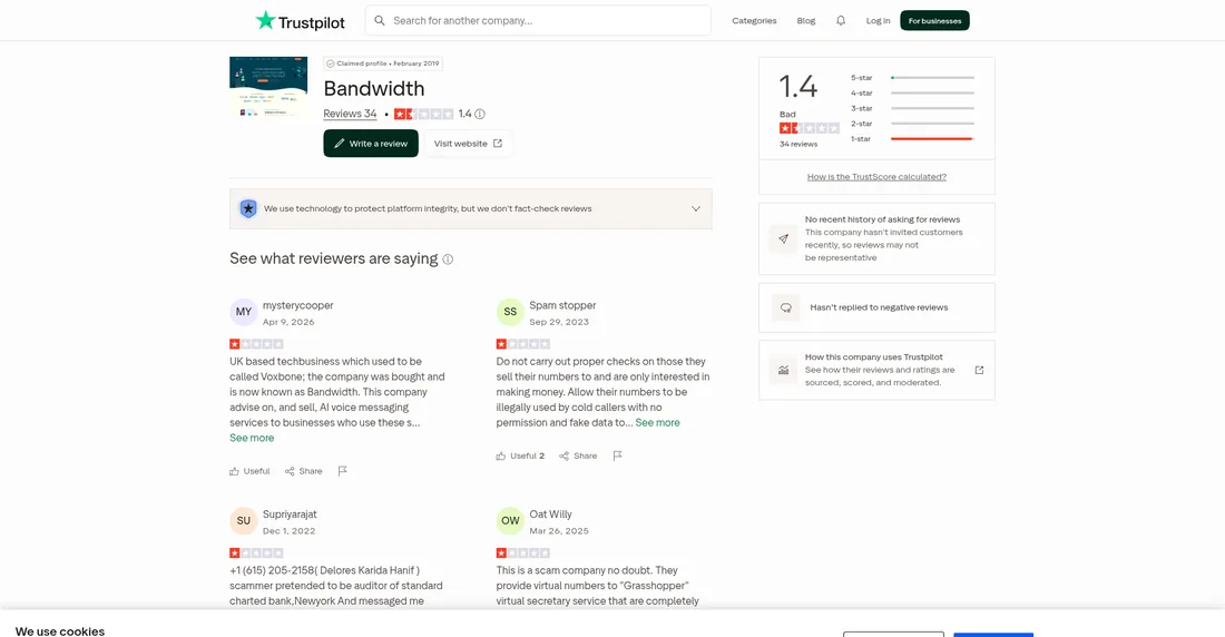 Bandwidth Trustpilot profile screenshot