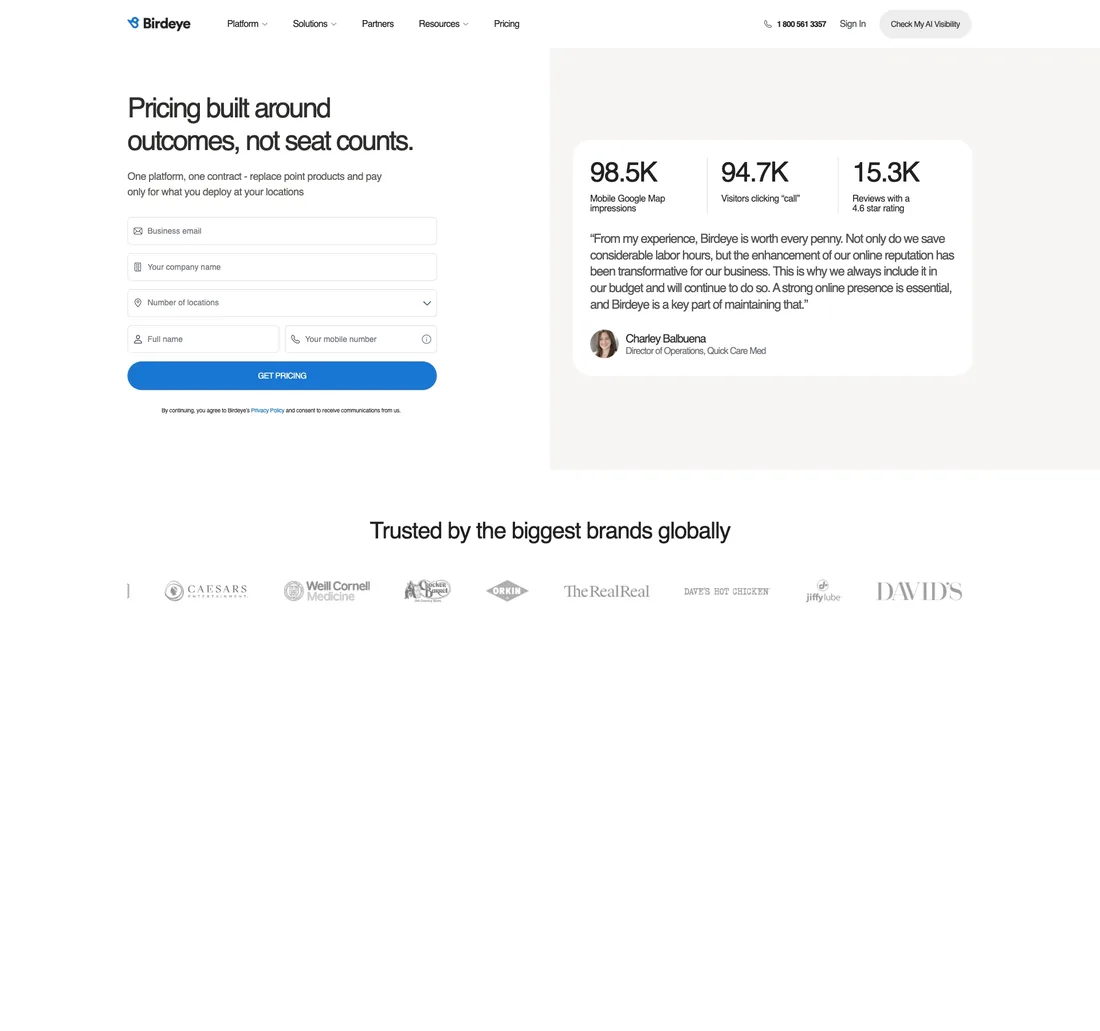 Birdeye pricing page screenshot showing no published plan or rate