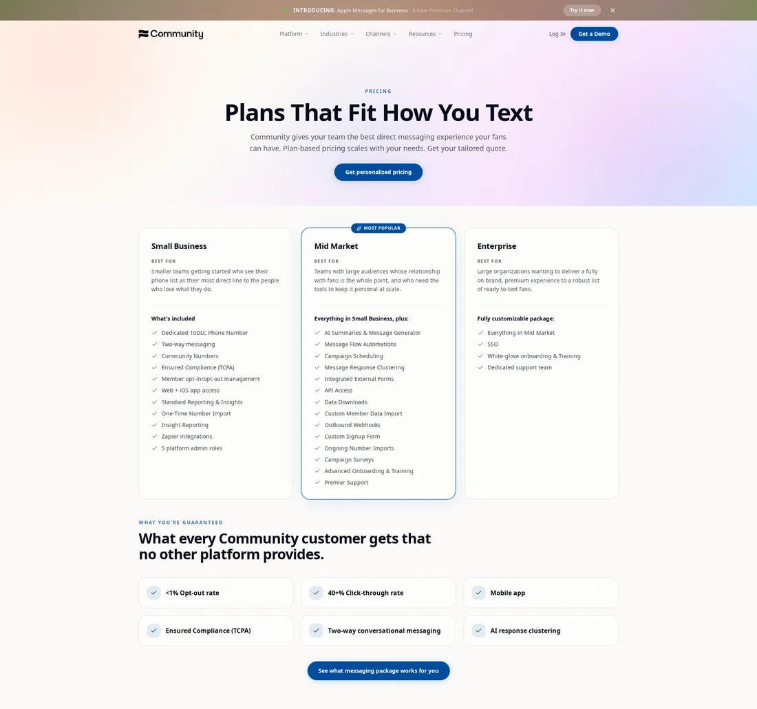 Community pricing page showing three quote-only plan tiers with no published rates