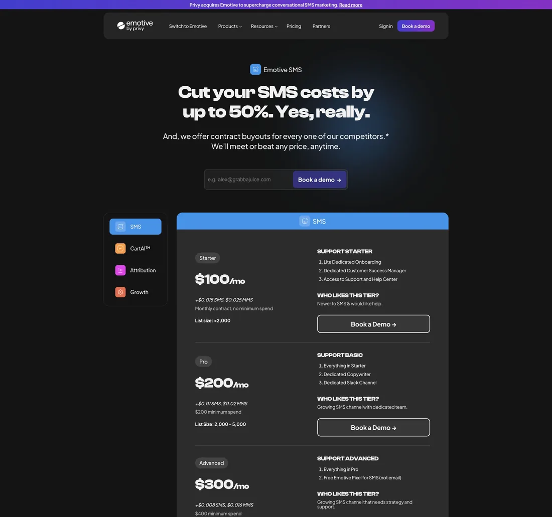 Emotive pricing page screenshot