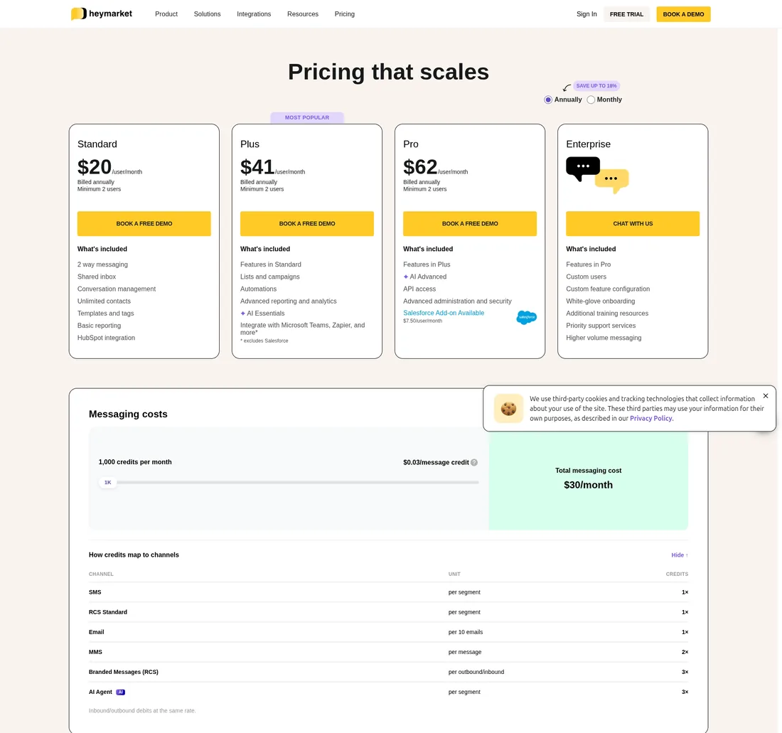 Heymarket pricing page showing Standard, Plus, and Pro plan cards with per-user monthly rates.
