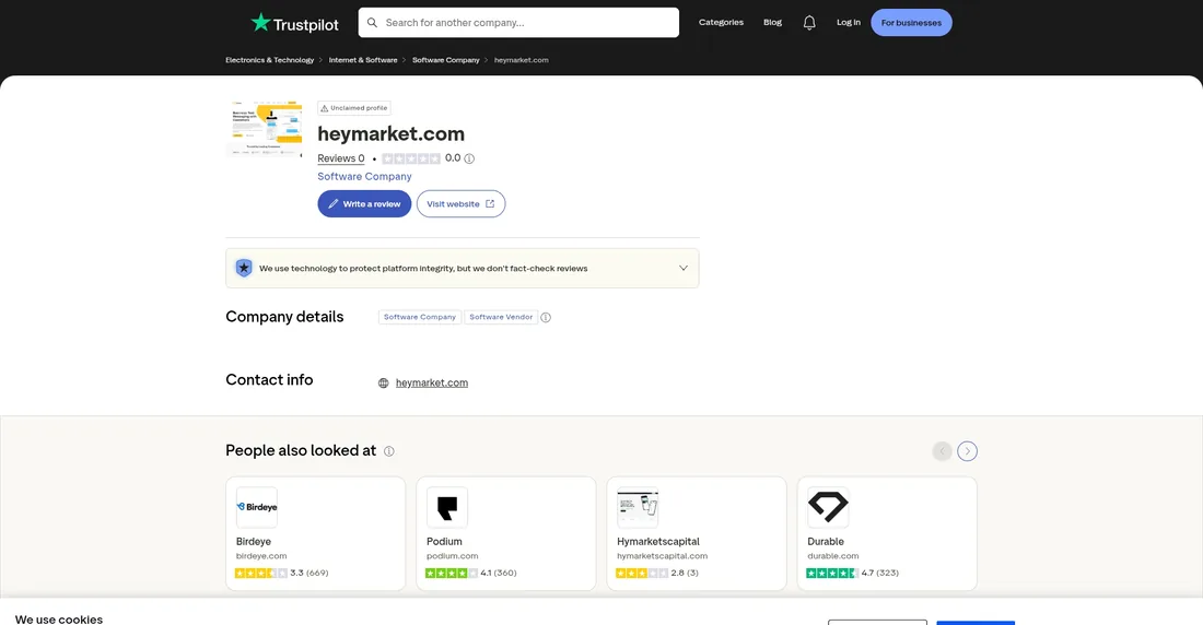 Heymarket Trustpilot profile page showing an unclaimed profile with zero reviews.