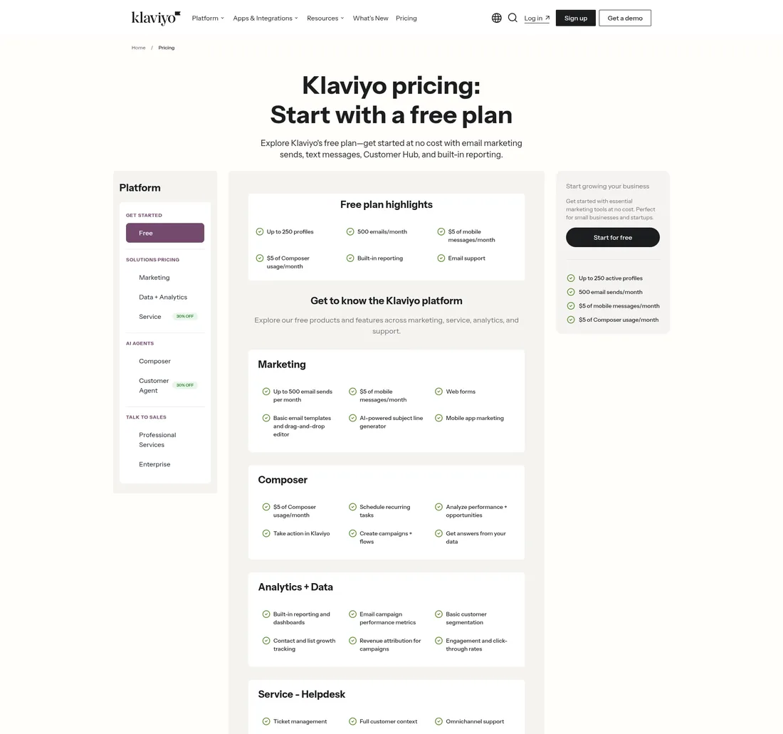 Klaviyo SMS pricing page screenshot