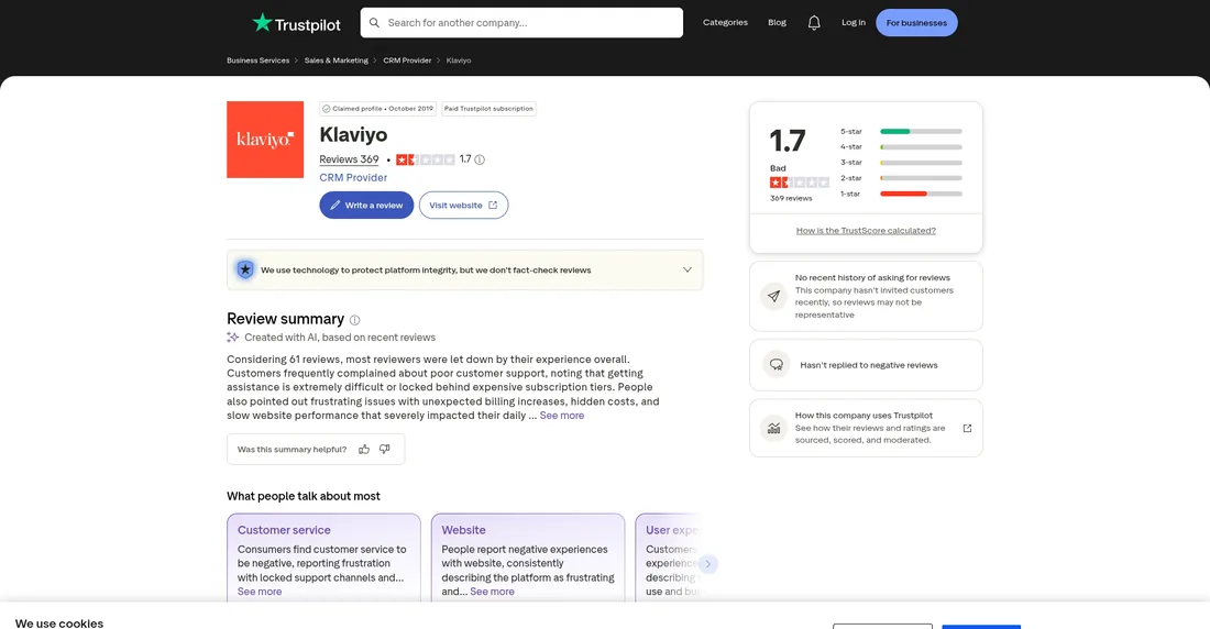 Klaviyo Trustpilot profile screenshot