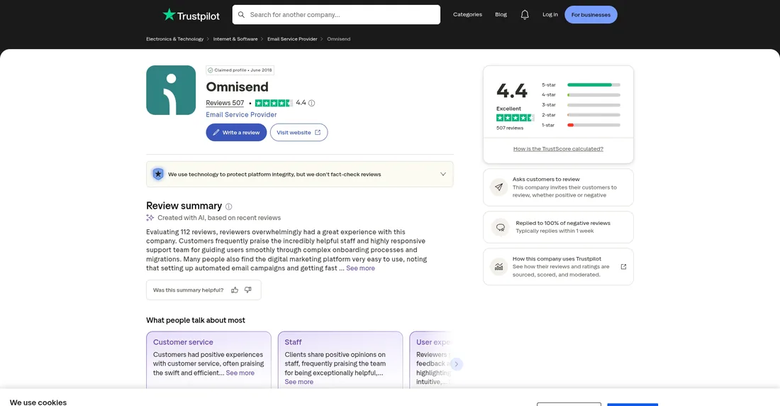 Omnisend Trustpilot profile screenshot showing reviews and rating