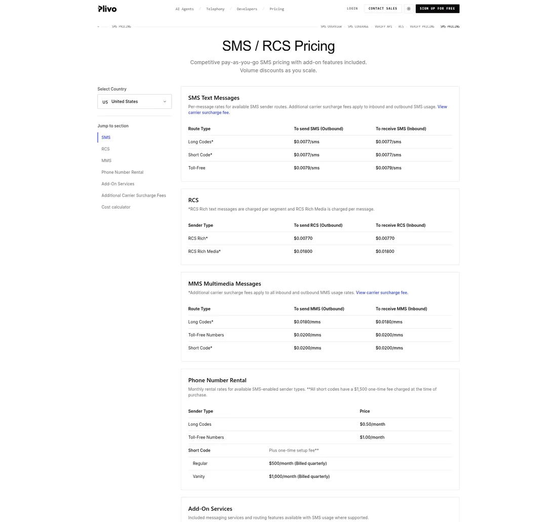 Plivo US SMS pricing page screenshot