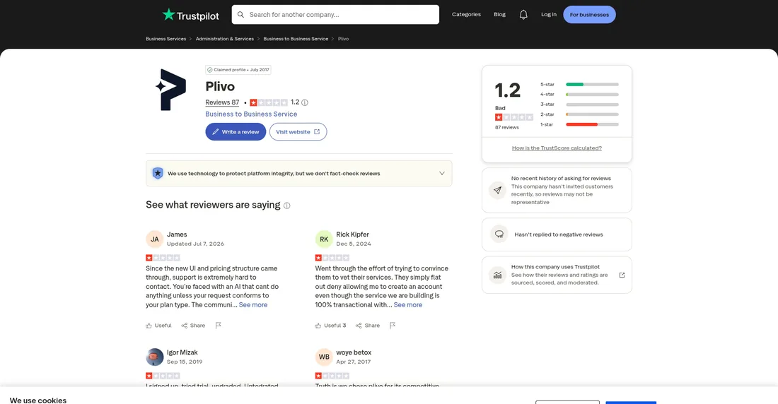 Plivo Trustpilot profile screenshot