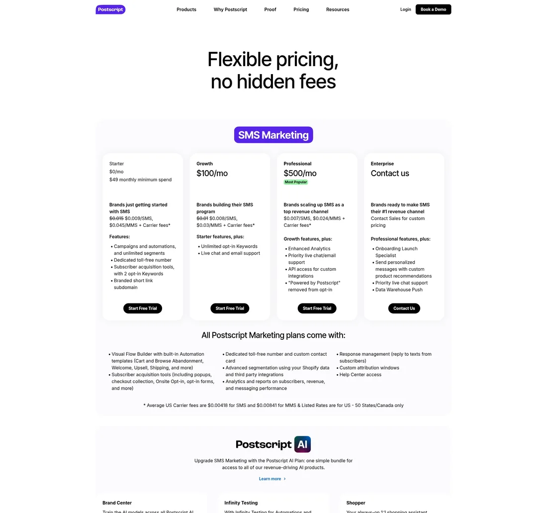 Postscript pricing page screenshot