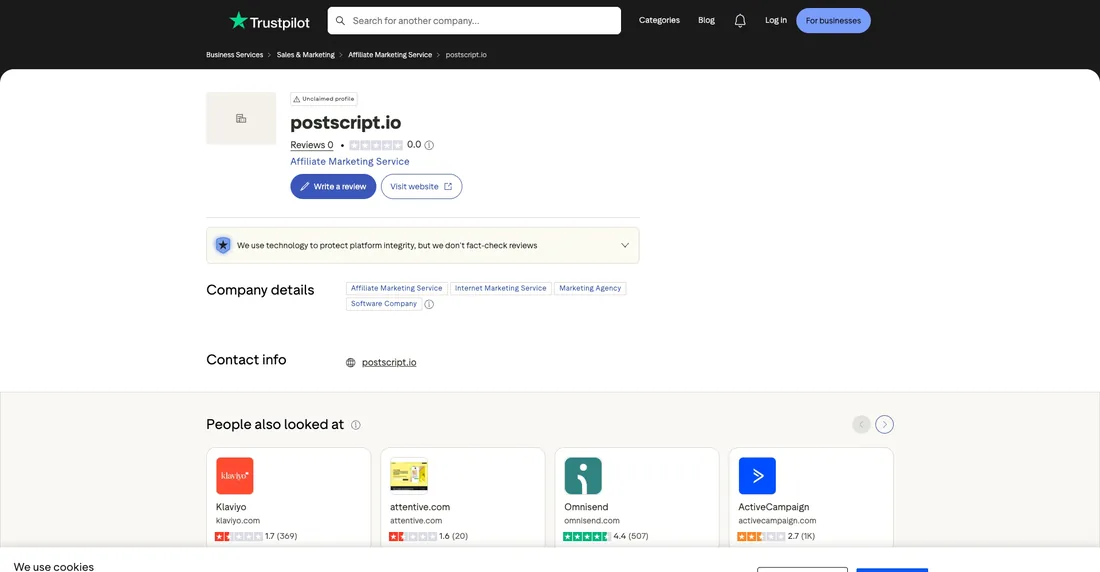 Postscript Trustpilot profile screenshot