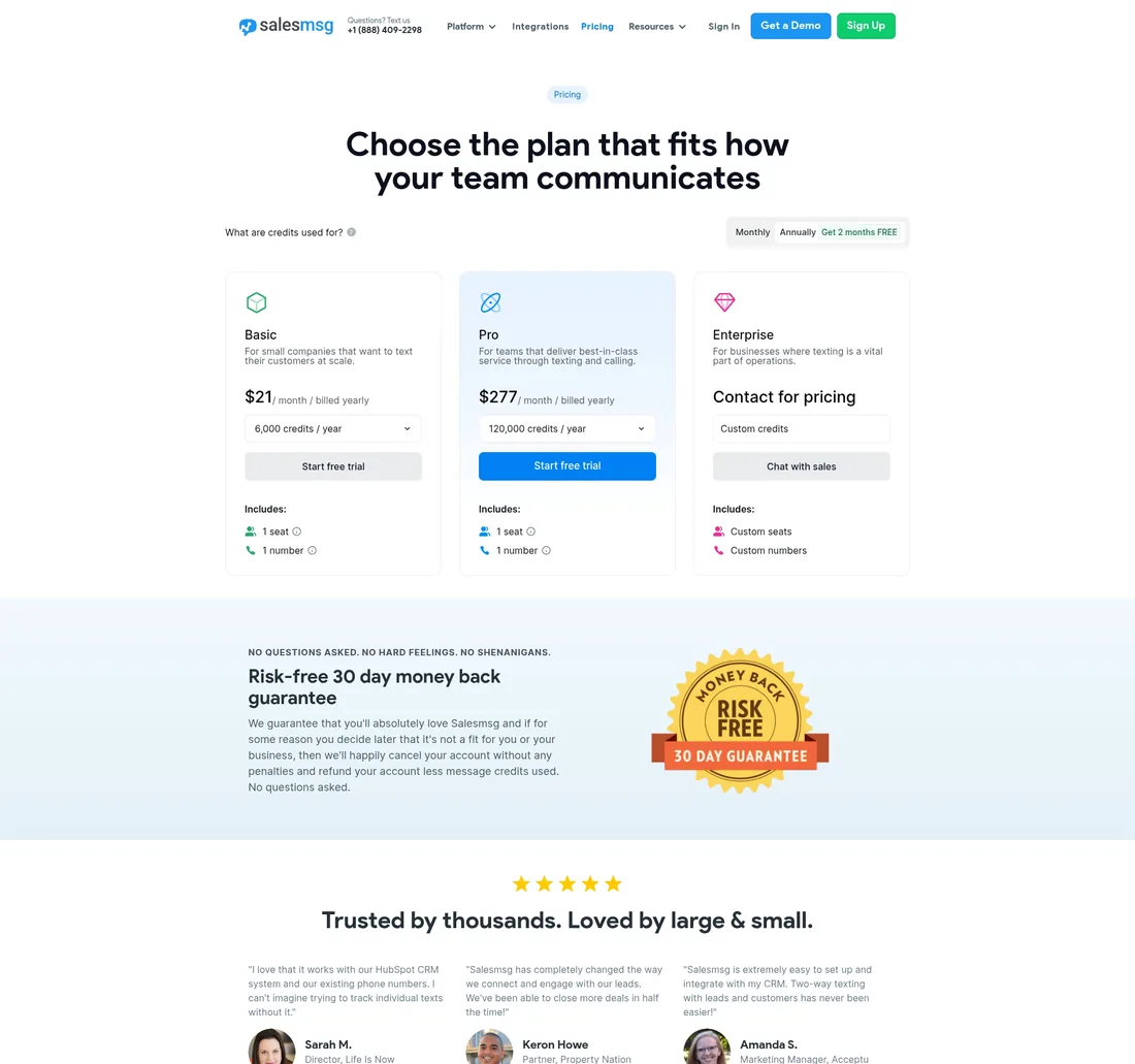 Salesmsg pricing page screenshot