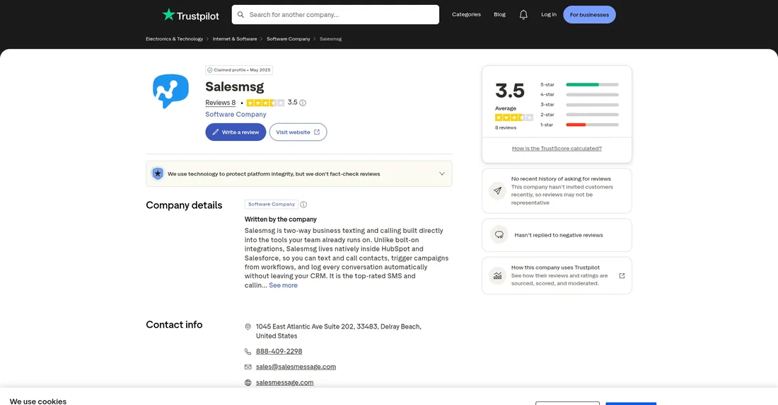 Salesmsg Trustpilot profile screenshot