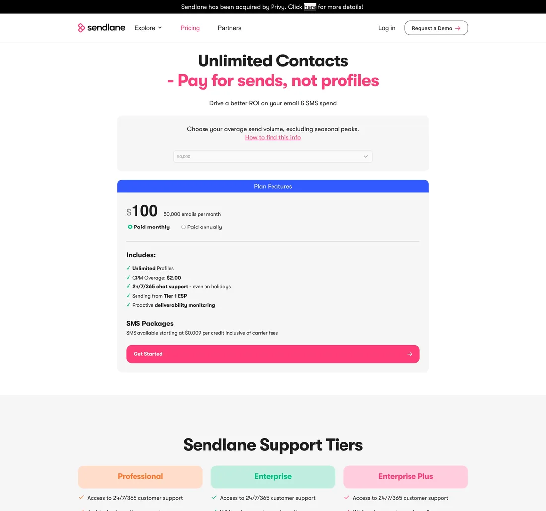 Sendlane pricing page showing SMS credit rates and plan options
