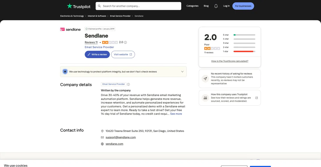 Sendlane Trustpilot profile showing customer reviews