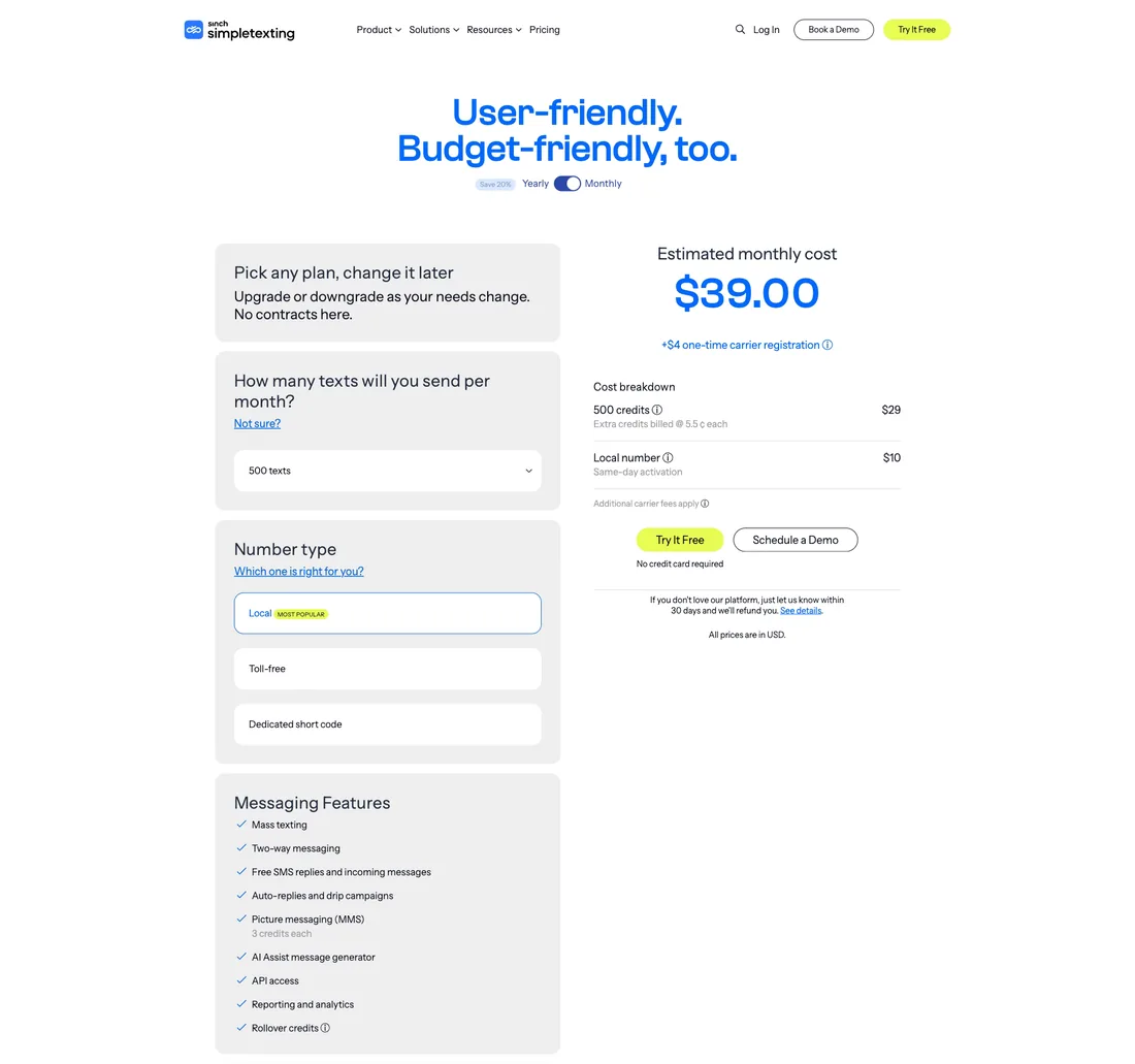 Screenshot of SimpleTextings pricing page showing credit tiers and per-credit overage rates.