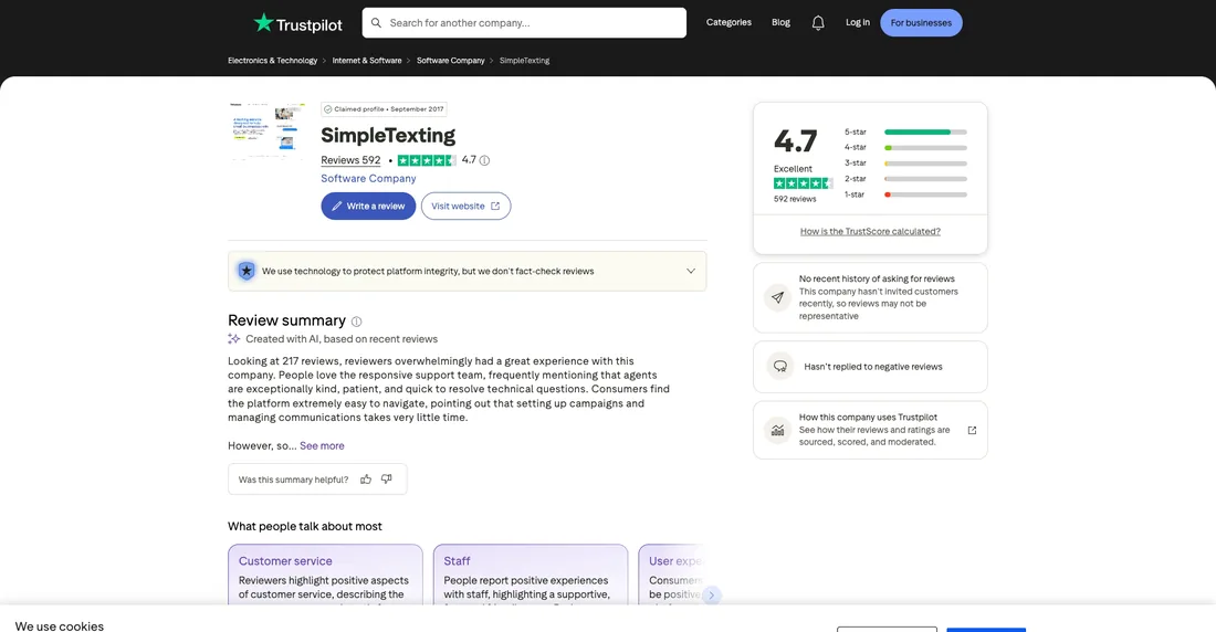 Screenshot of SimpleTextings Trustpilot profile displaying a 4.7 out of 5 rating from 592 reviews.