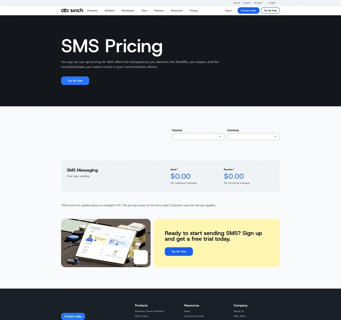 Sinch SMS pricing page showing pay-as-you-go rate card with 10DLC, toll-free, and short code message costs.