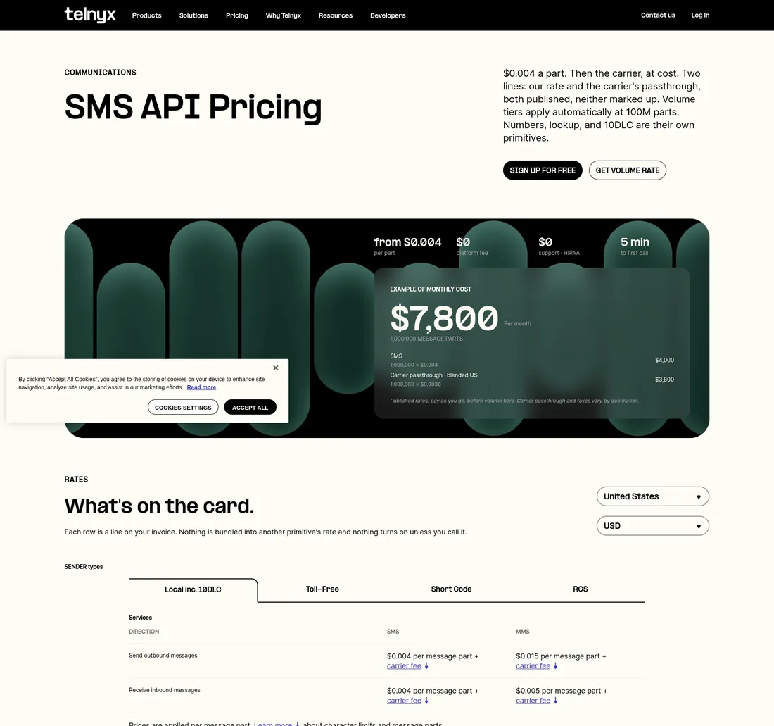 Telnyx pricing page showing per-message rates for 10DLC, toll-free and short code tiers