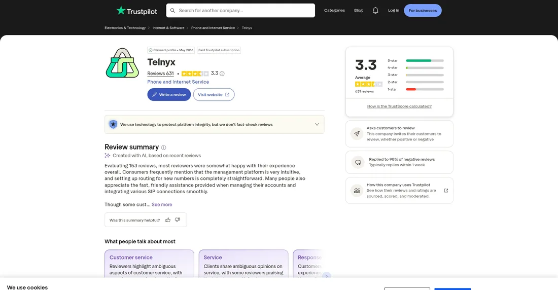 Telnyx Trustpilot profile showing review score and recent customer feedback