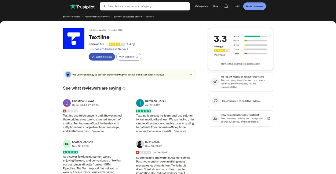 Textline Trustpilot profile screenshot showing review score and count.