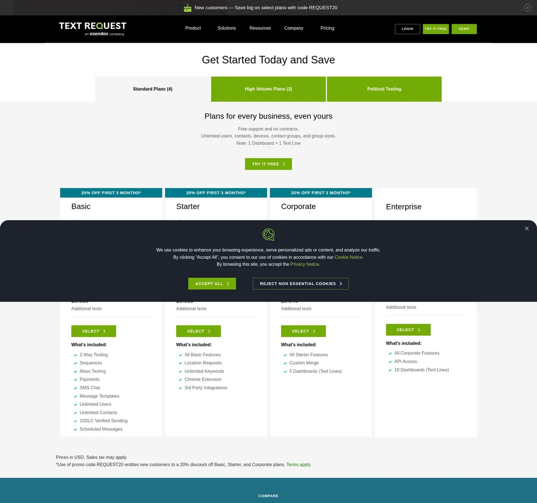 Screenshot of Text Requests pricing page showing plan tiers and overage rates.