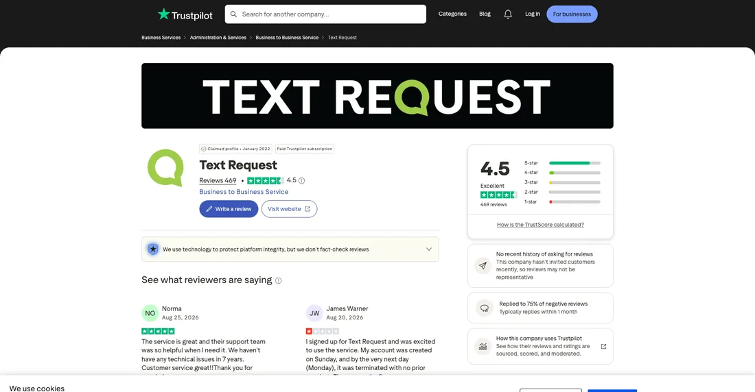 Screenshot of Text Requests Trustpilot profile with 4.5-star rating and 469 reviews.