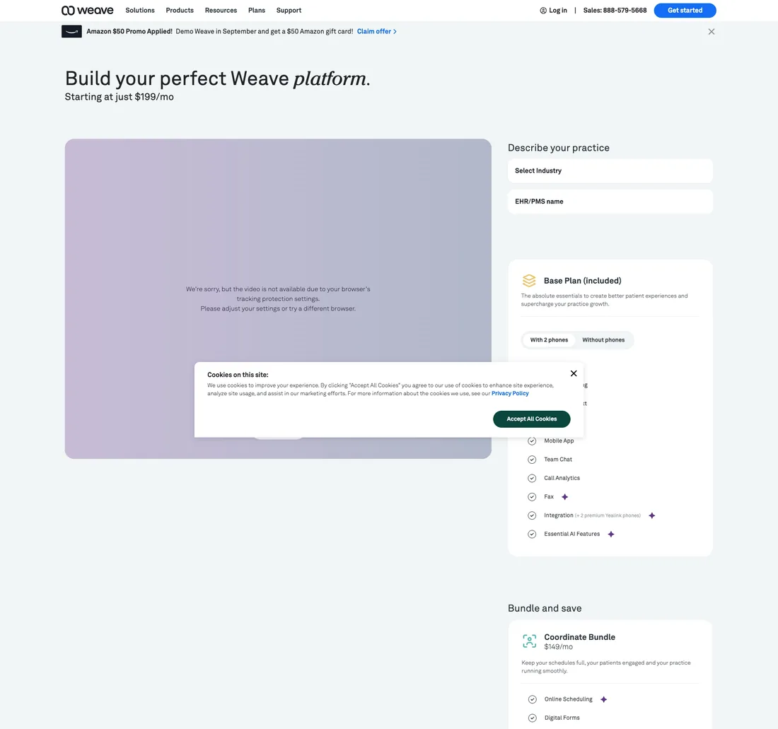 Weave pricing page screenshot showing plan comparison table with blank price cells, captured September 2026