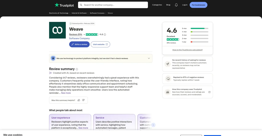 Weave Trustpilot profile showing 4.6 out of 5 stars from 894 reviews, captured September 2026