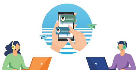Support team with laptops and mobile with sms messages